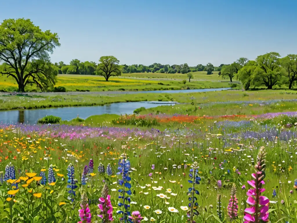 Un campo exuberante con flores silvestres vibrantes y un arroyo serpenteante