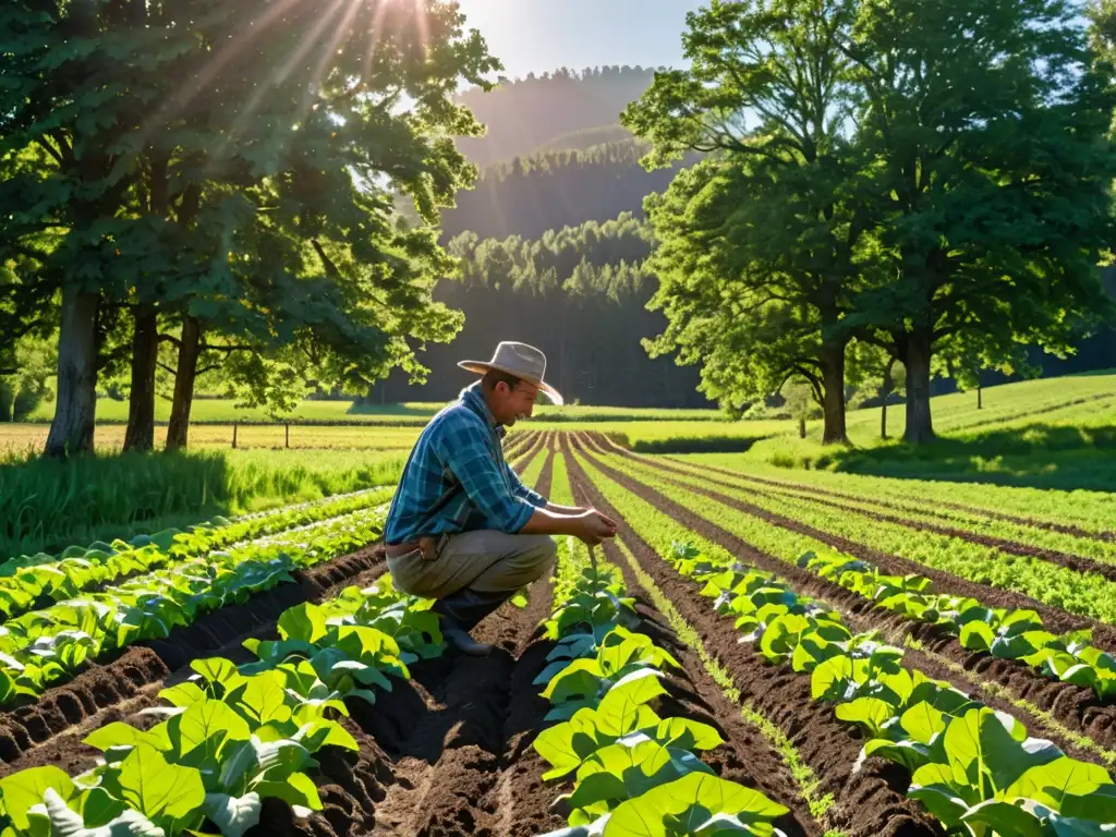 Un campo agrícola exuberante se extiende hasta el horizonte, con un bosque denso y un cielo azul