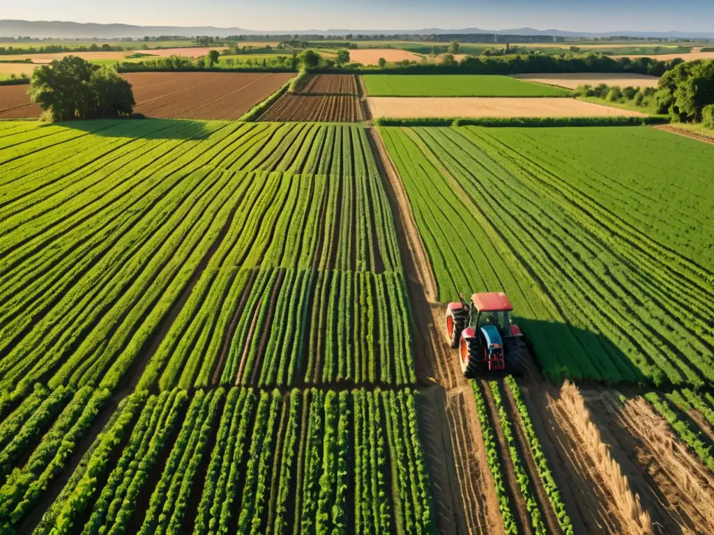 Un campo agrícola exuberante se extiende hasta el horizonte, mostrando la influencia de la PAC en el medio ambiente