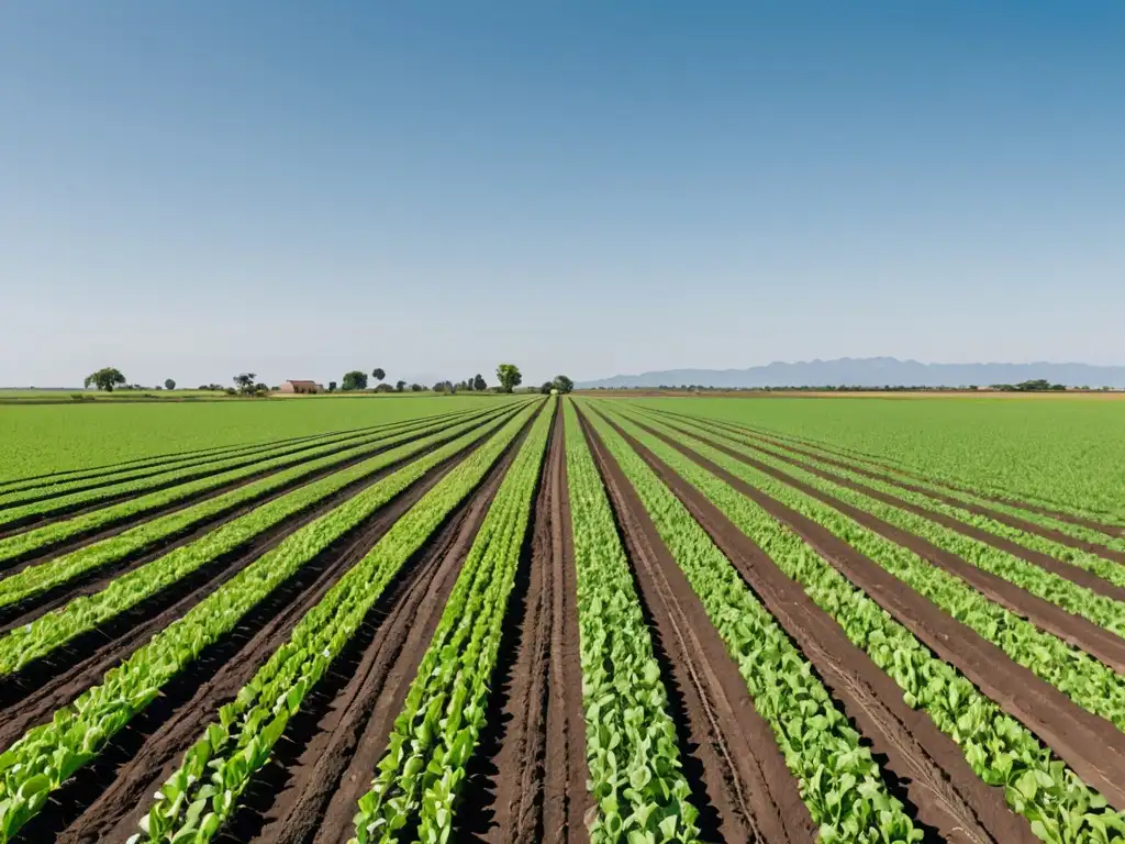 Un campo agrícola exuberante y verde con agricultores practicando la agricultura sostenible y ganado saludable