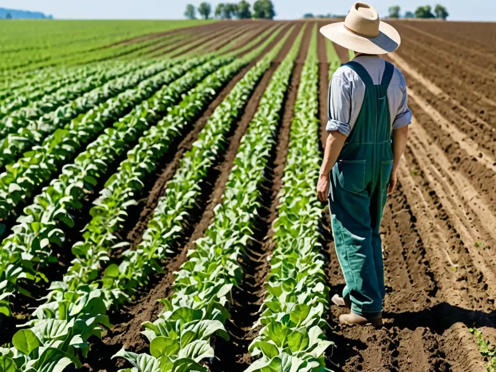 Un campo agrícola exuberante y verde con cultivos ordenados, un agricultor inspeccionando las plantas y un tractor arando