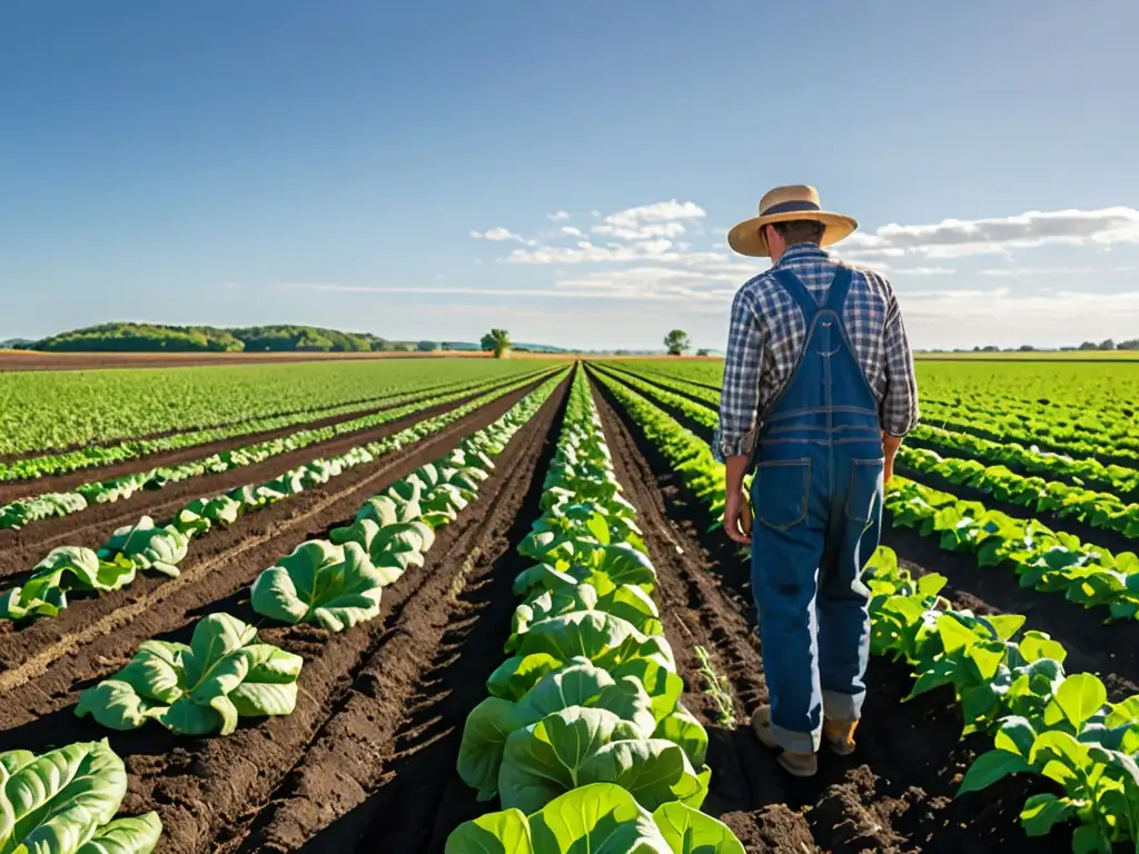 Un campo fértil y vibrante bajo un cielo azul, donde un agricultor inspecciona sus cultivos