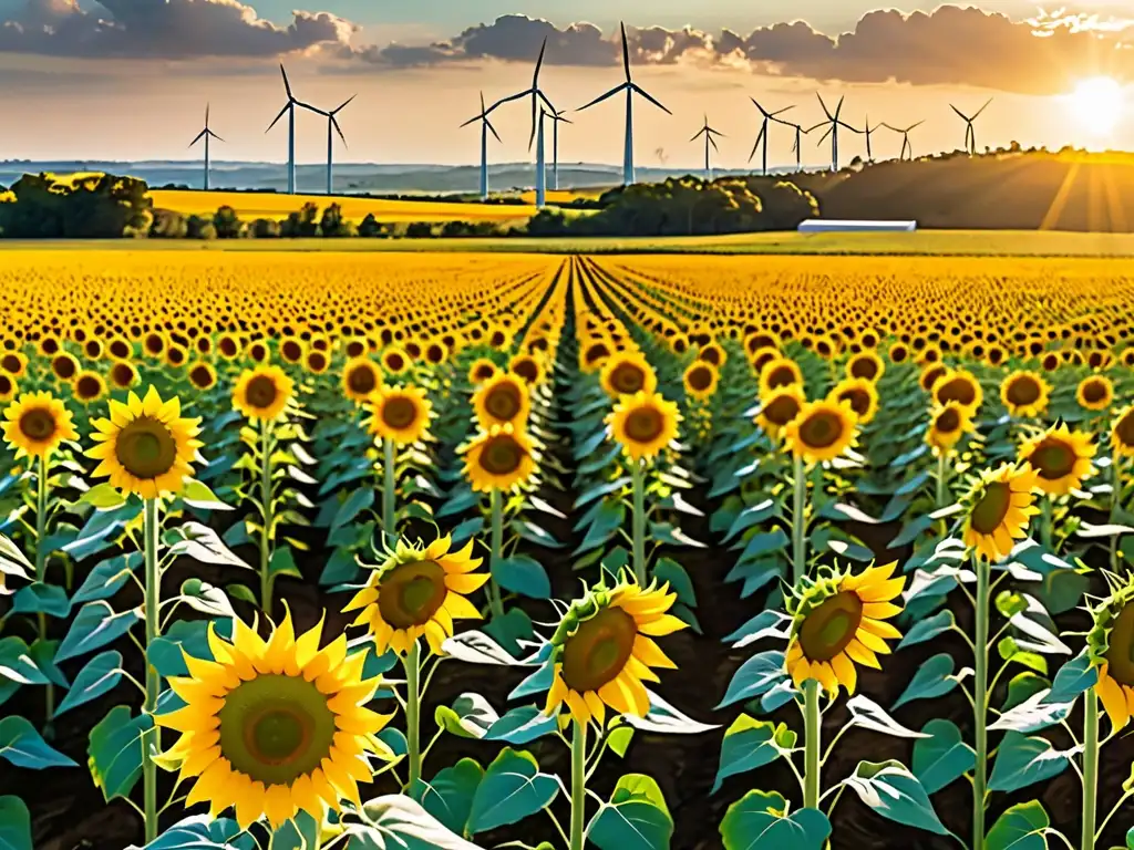 Un campo de girasoles en armonía con una moderna planta de bioenergía sostenible