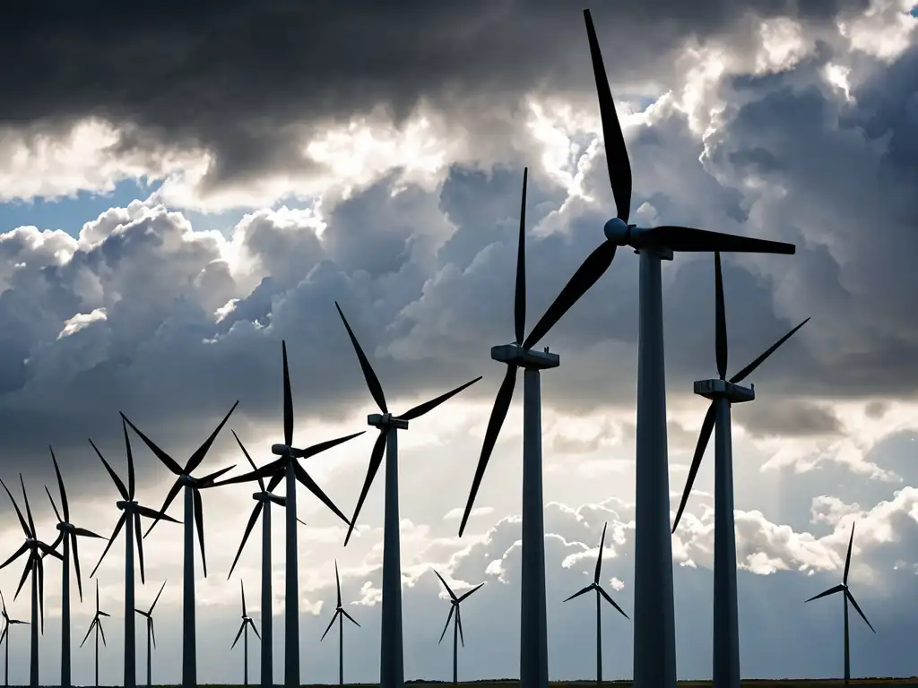 Potencia eólica: belleza en la naturaleza Un campo de molinos de viento destaca contra un cielo dramático