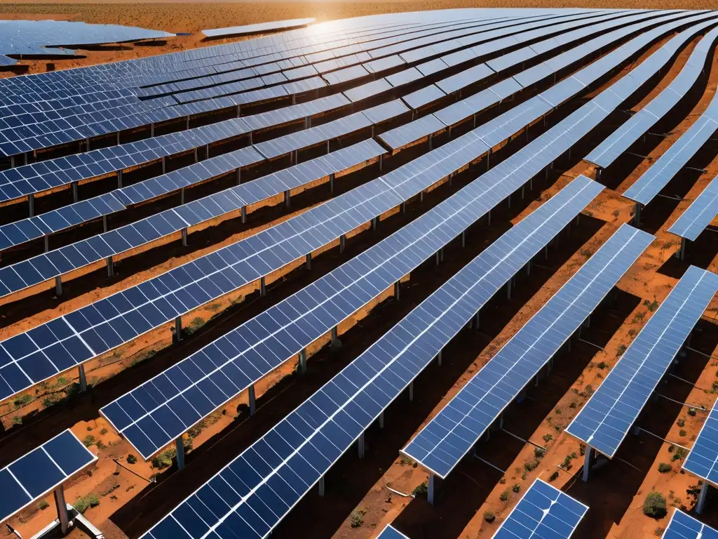 Un campo de paneles solares bajo cielo azul, reflejando luz solar