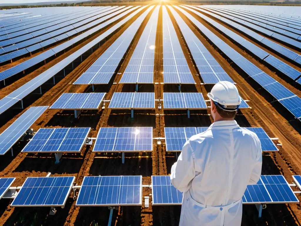 Un campo de paneles solares brillando bajo el cielo azul, mientras un técnico inspecciona uno de ellos