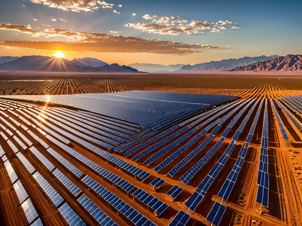 Campo de paneles solares en desierto al atardecer, irradiando innovación y sostenibilidad con impacto ambiental positivo