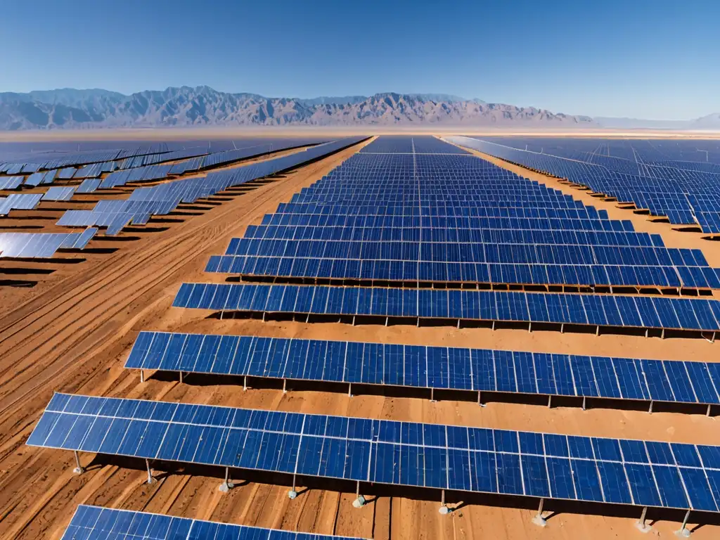 Campo de paneles solares en el desierto, reflejando el sol con montañas al fondo