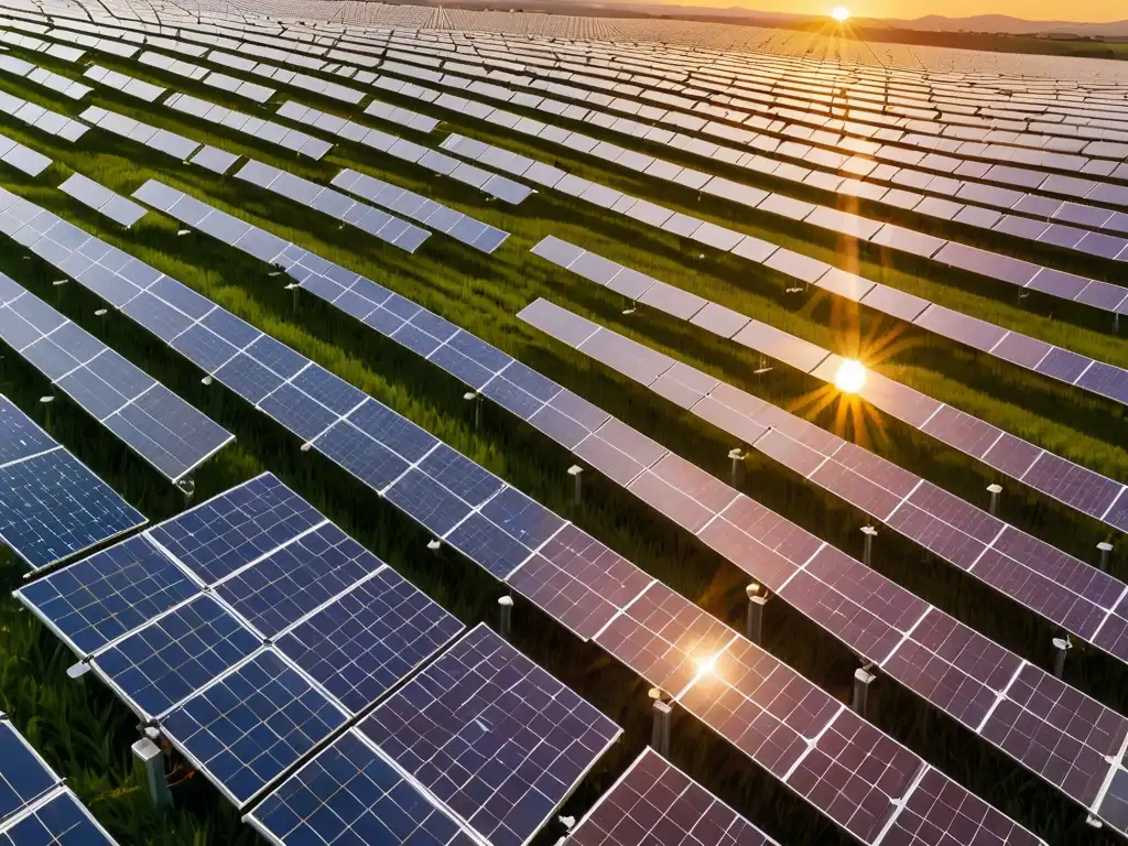 Un campo de paneles solares extenso y detallado, bañado por la cálida luz del atardecer