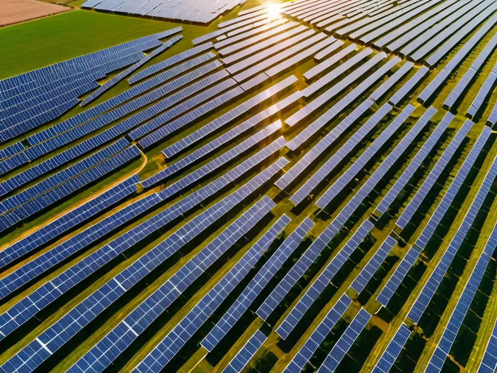 Un campo de paneles solares se extiende hasta el horizonte, generando energía renovable