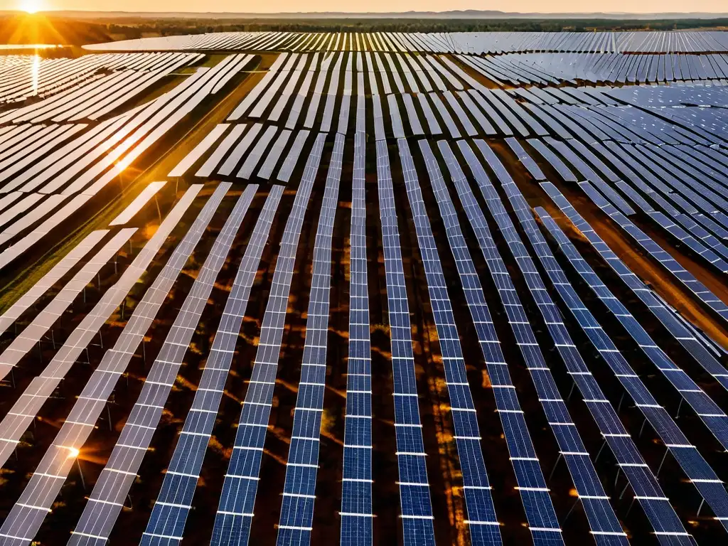 Un campo de paneles solares se extiende hasta el horizonte, con el sol poniéndose atrás y bañando la infraestructura en un cálido resplandor dorado