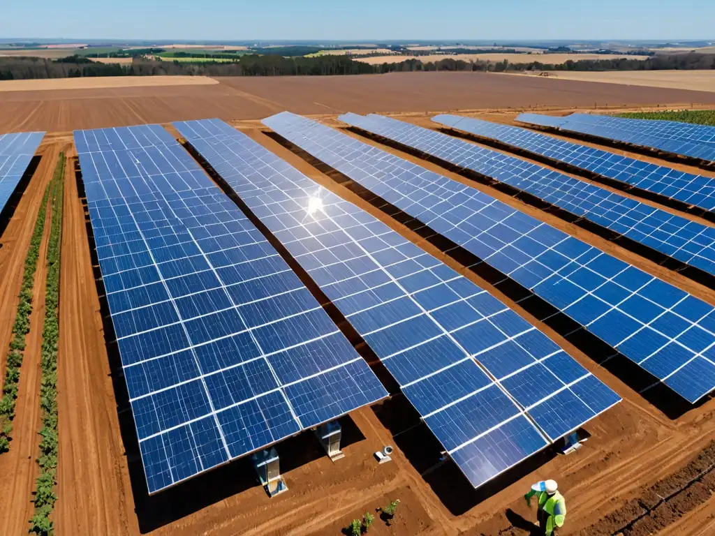 Un campo de paneles solares se extiende hacia el horizonte, mientras ingenieros y trabajadores inspeccionan equipos