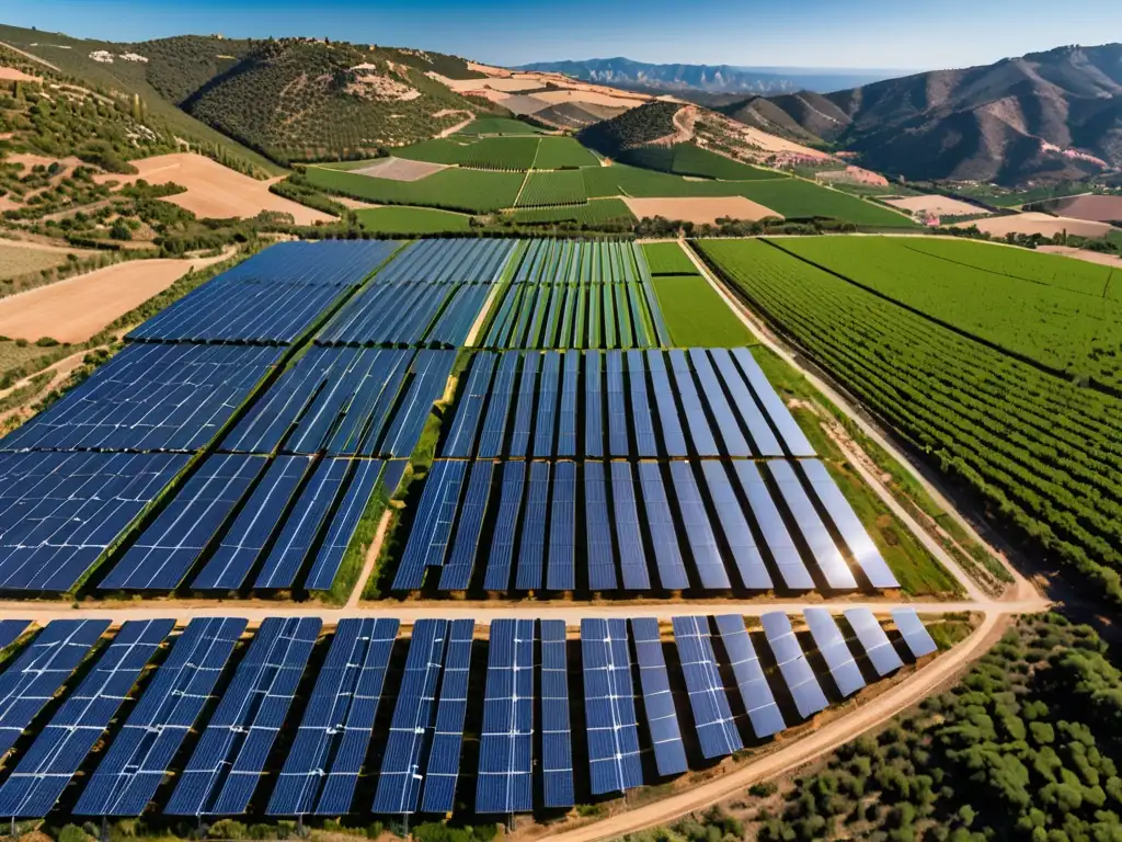 Un campo de paneles solares en la pintoresca campiña española, bañado por el cálido sol