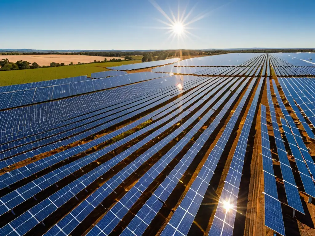 Campo de paneles solares relucientes bajo el sol, transmitiendo esperanza en la transición a energías renovables y la reducción de emisiones