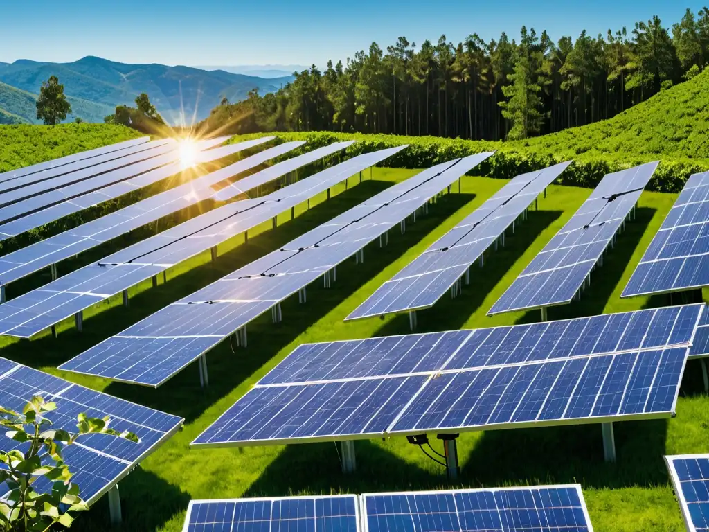 Un campo de paneles solares relucientes, con detalle y armonía con la naturaleza, muestra el cumplimiento ambiental en el sector energético