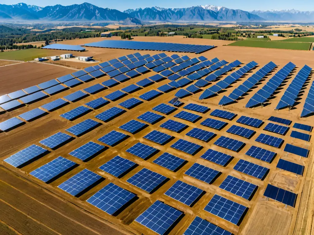 Campo con paneles solares brillando bajo el sol, con trabajadores y montañas al fondo