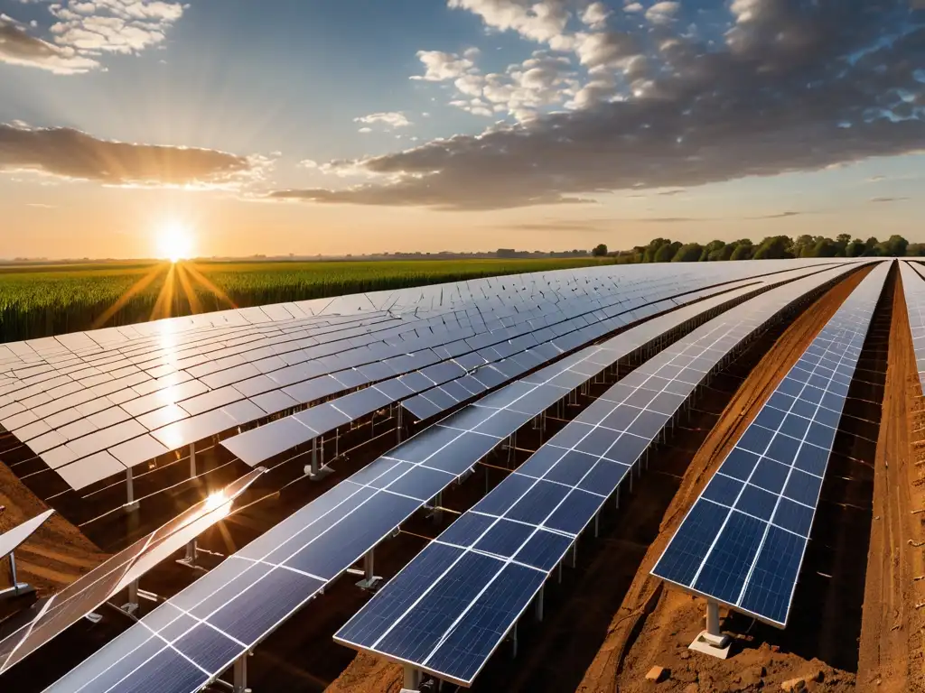 Un campo de paneles solares con el sol poniéndose detrás, reflejando la legislación para impulsar innovación energía solar