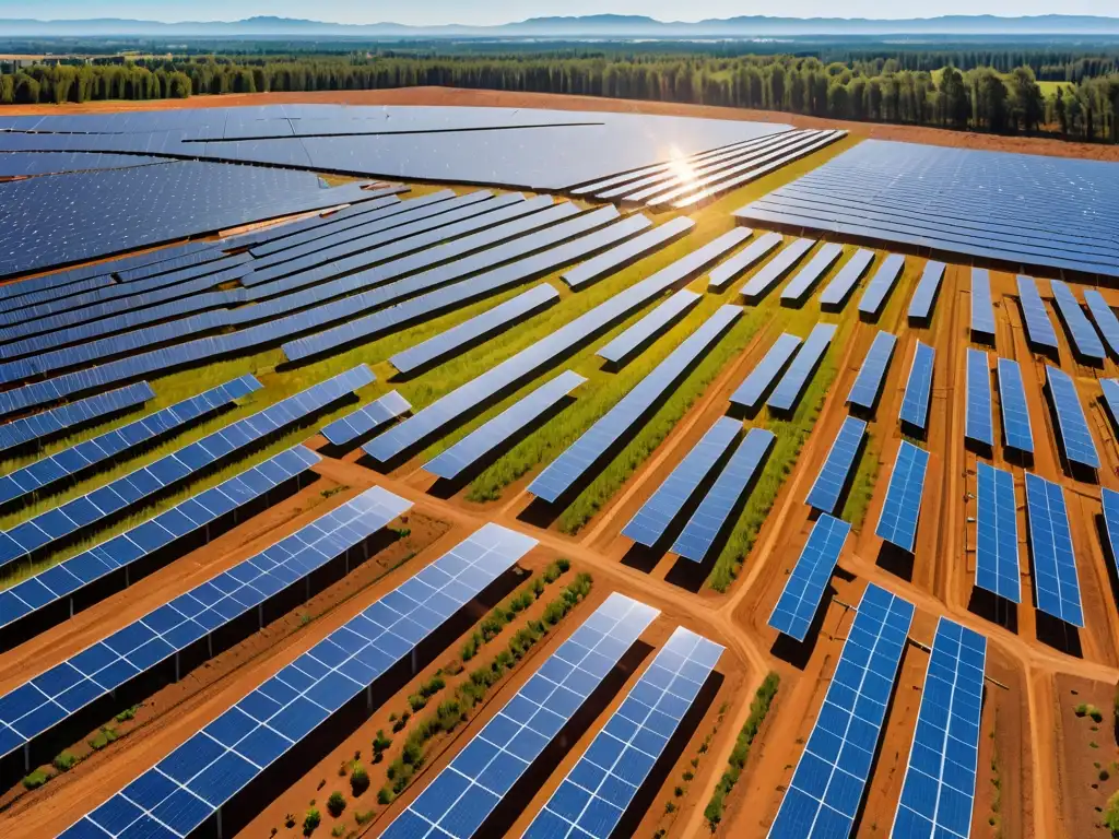 Un campo de paneles solares de vanguardia brilla bajo el sol, destacando avances tecnológicos energía solar en armonía con la naturaleza