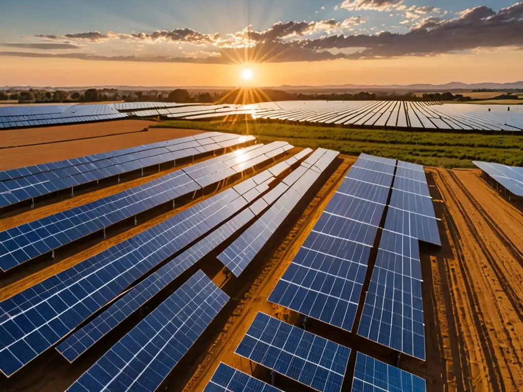 Un campo de paneles solares se extiende por un vasto paisaje, bañado por el cálido resplandor dorado del sol poniente