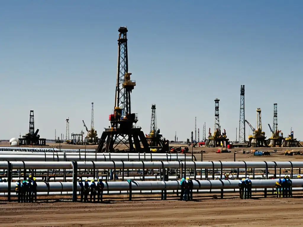 Un campo petrolero extenso se extiende hasta el horizonte bajo un cielo azul brillante