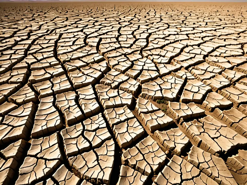 Campo reseco y agrietado con cultivos marchitos bajo un sol abrasador, reflejando la dura realidad de la gestión hídrica en tiempos de sequía