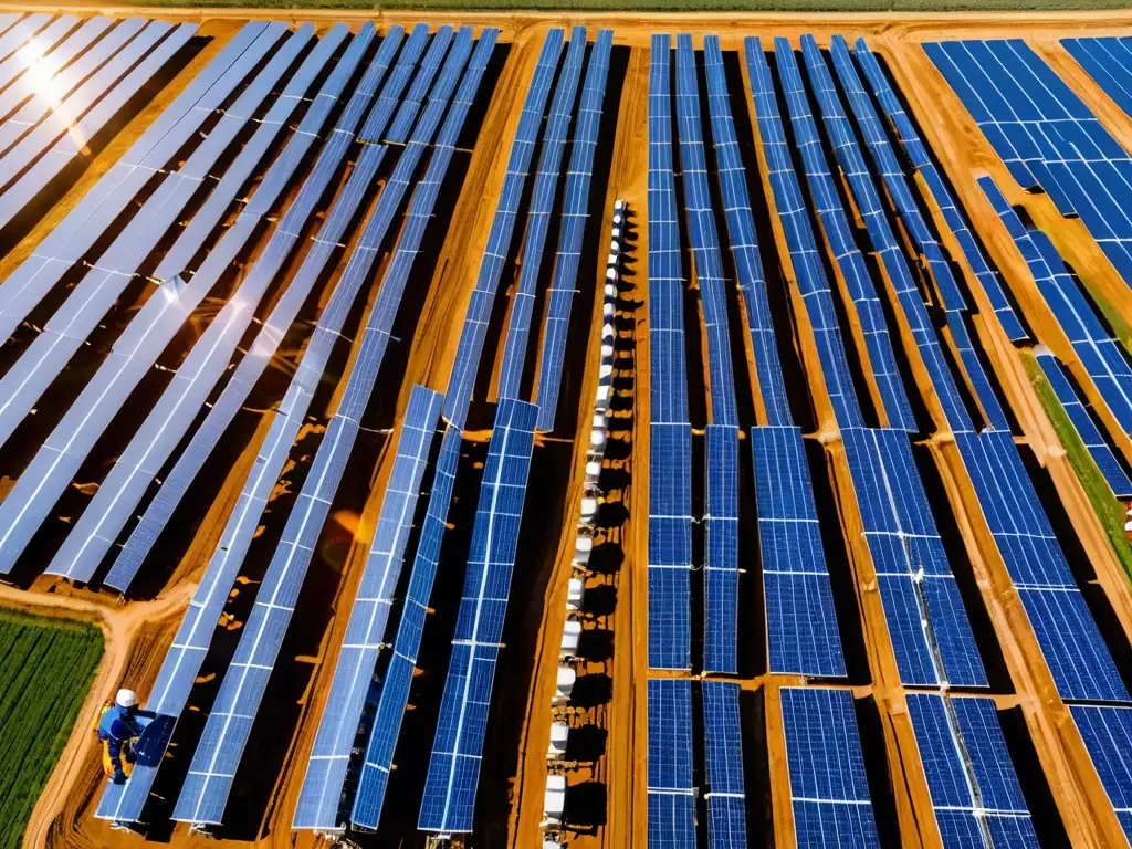 Un campo solar extenso bajo un cielo azul claro, con paneles fotovoltaicos brillando bajo el sol