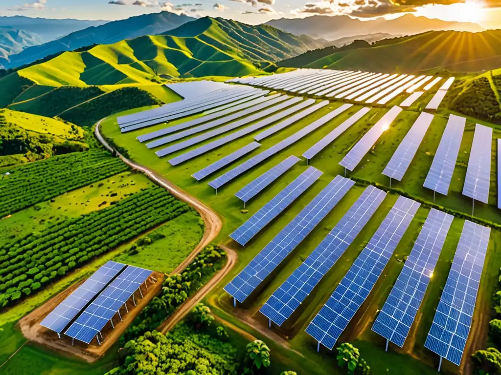 Un campo solar extenso entre colinas verdes de América Latina, iluminado por el sol