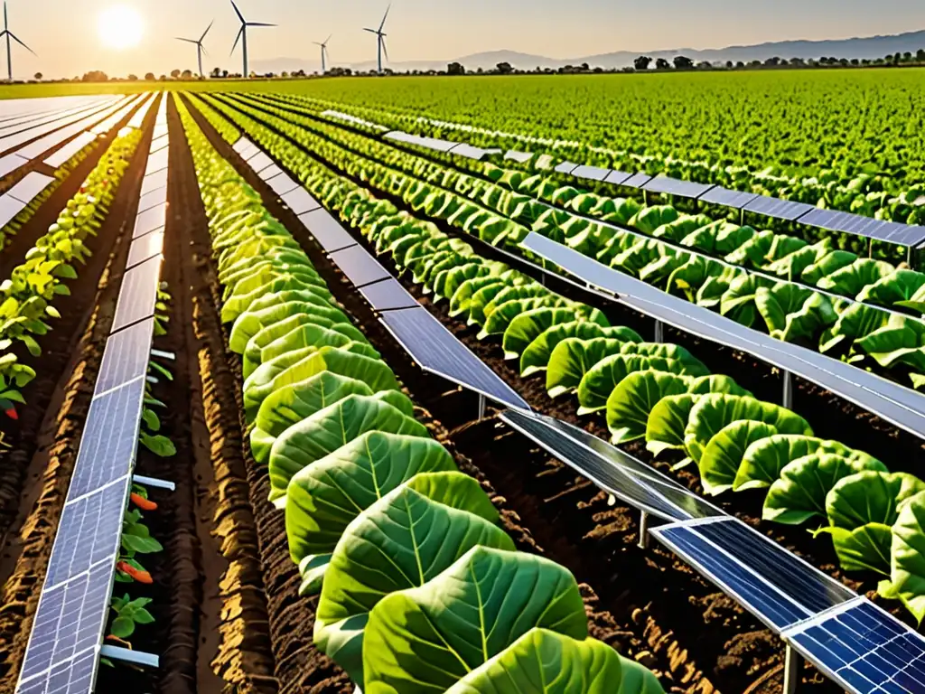 Un campo sostenible lleno de cultivos vibrantes y diversos, bañado por el sol