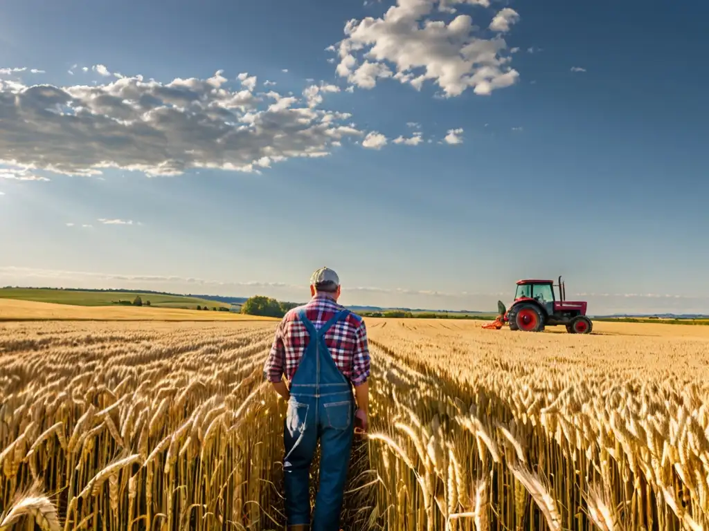 Campo de trigo dorado extenso con agricultor inspeccionando cultivo y tractor rojo