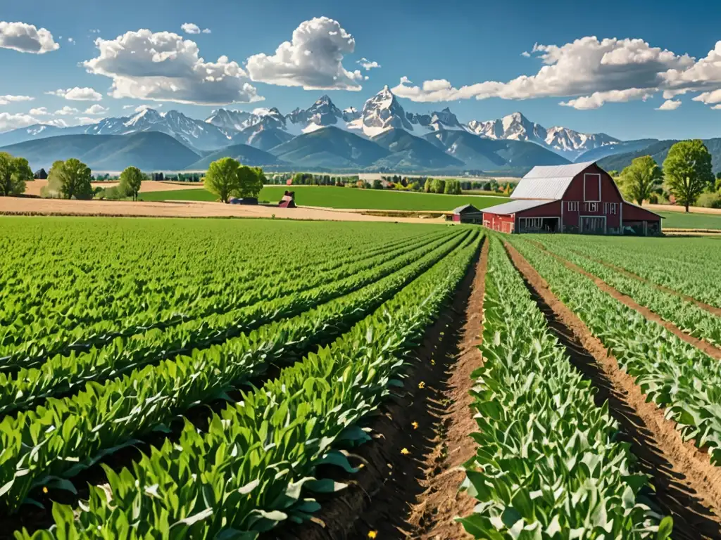 Un campo vasto y bañado por el sol se extiende hasta el horizonte, con cultivos vibrantes y una granja rústica al fondo