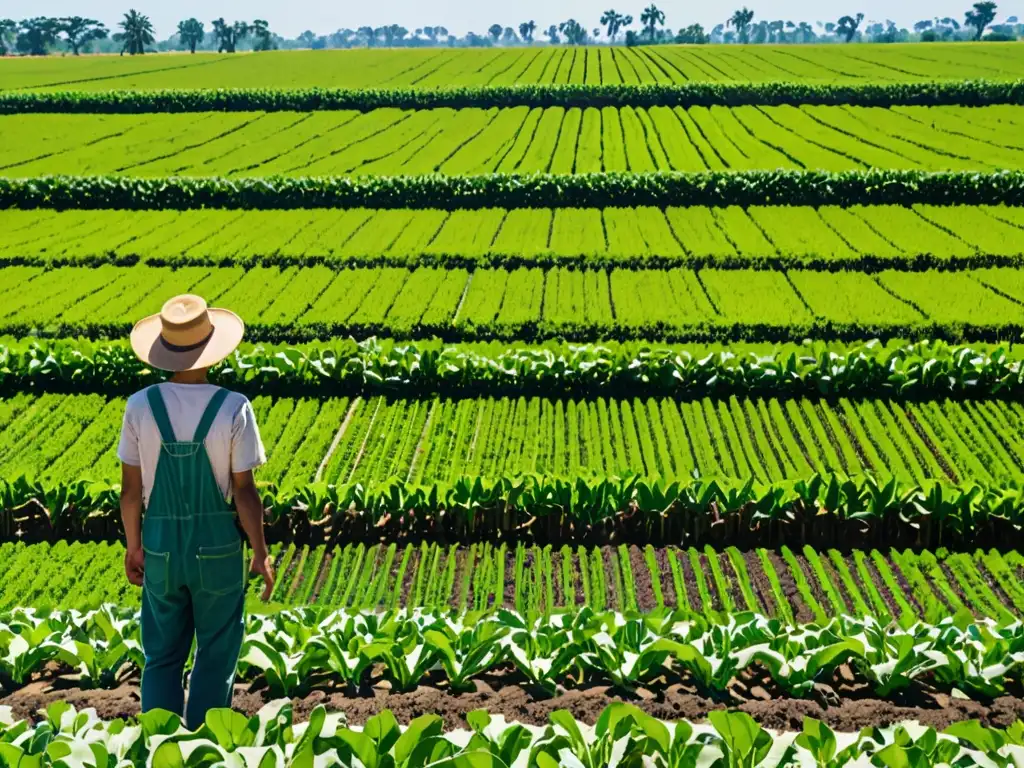 Campo vasto de cultivos verdes bajo el sol con agricultores trabajando