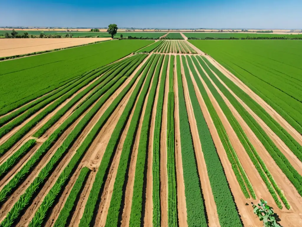 Campo agrícola sostenible: cuidado experto y armonía natural Un campo agrícola verde exuberante bajo un cielo azul claro, con cultivos vibrantes y un agricultor cuidadoso