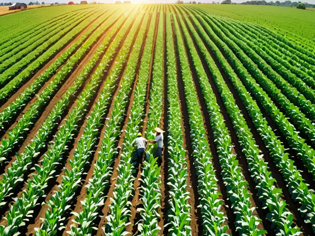 Campo agrícola verde exuberante con cultivos vibrantes en crecimiento y una instalación agrícola moderna al fondo