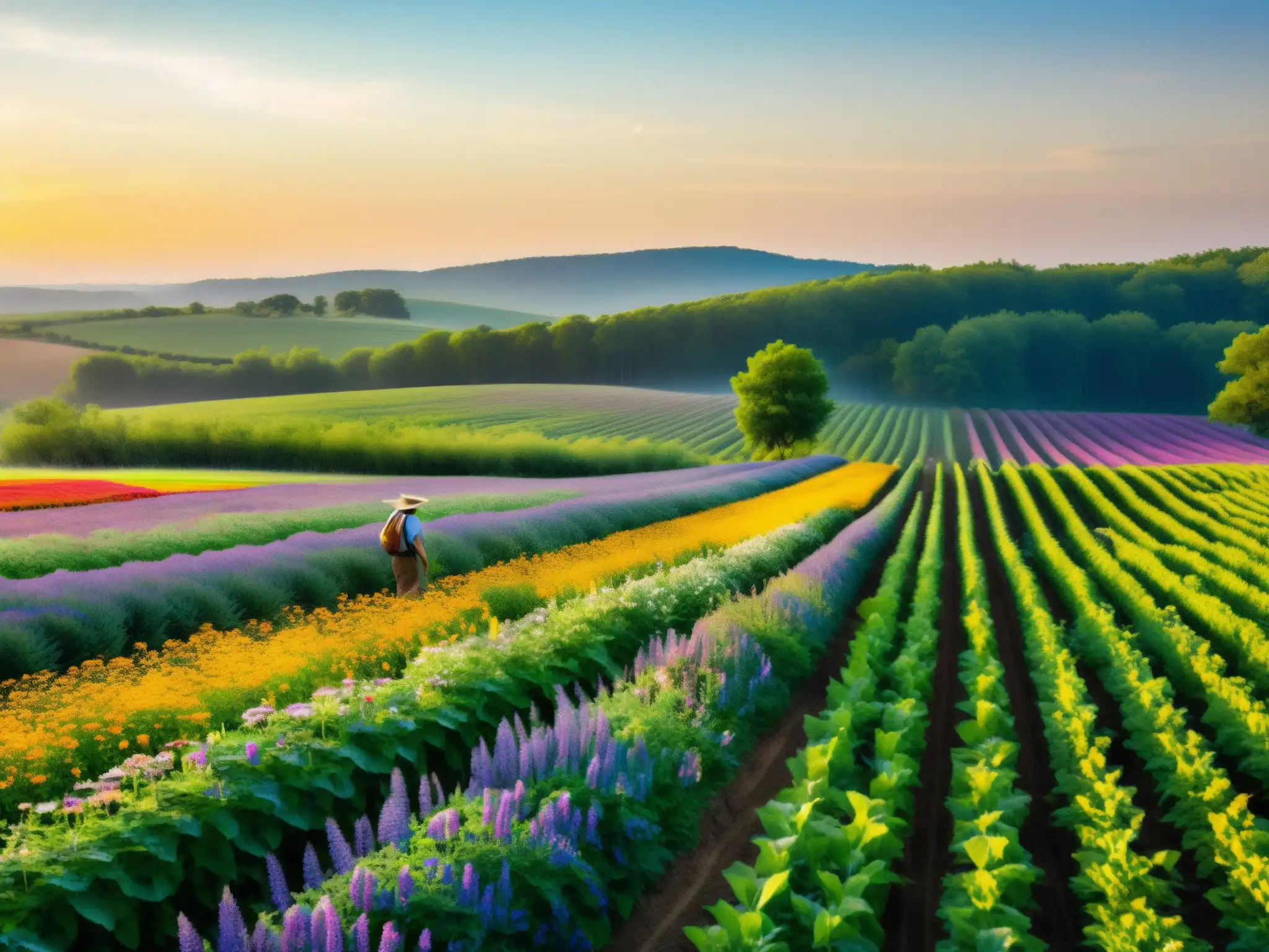 Campo verde exuberante con cultivos y flores, agricultores cuidan las plantas al atardecer