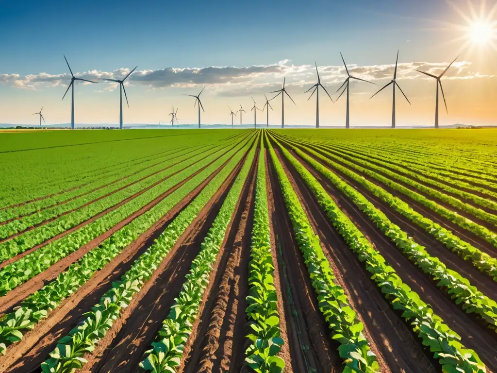 Un campo verde exuberante con cultivos y paneles solares, eólicos y un atardecer cálido