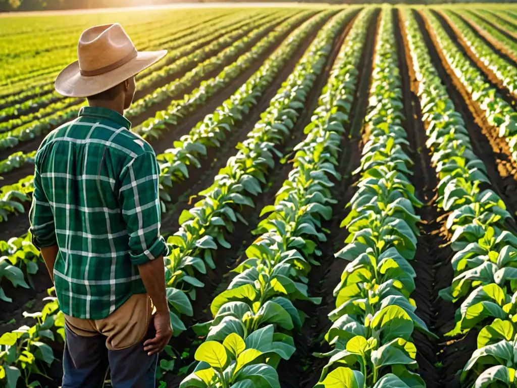 Un campo agrícola verde exuberante, con cultivos saludables y un agricultor en la distancia