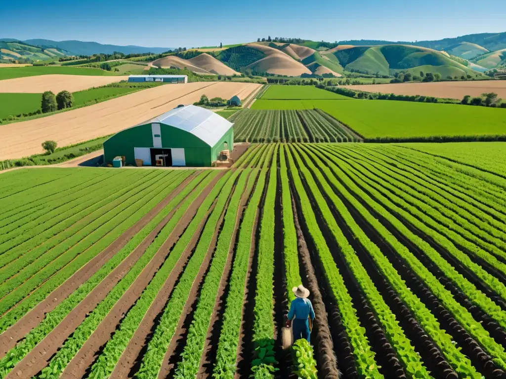 Un campo verde exuberante con cultivos vibrantes, un granjero cuidadoso y una instalación agrícola moderna