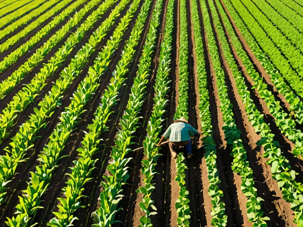 Campo agrícola sostenible: armonía entre naturaleza y agricultura Campo agrícola verde exuberante con cultivos vibrantes, luz solar filtrada y un granjero implementando soluciones sostenibles para emisiones agrícolas