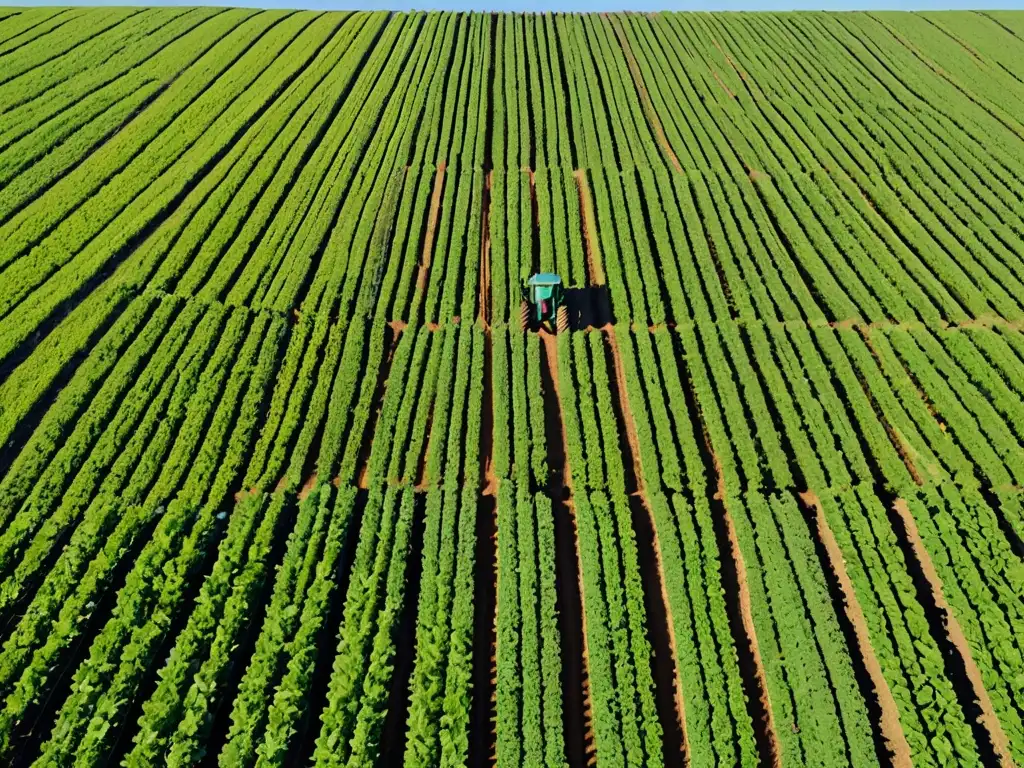 Campo agrícola sostenible: armonía y eficiencia Un campo agrícola verde exuberante con filas de cultivos bajo un cielo azul claro