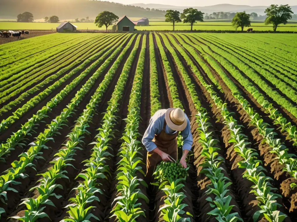 Un campo verde exuberante y un granjero trabajando con determinación