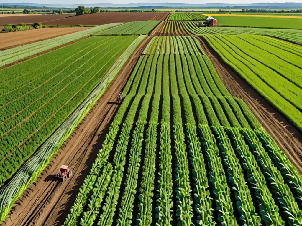 Un campo agrícola verde exuberante se extiende hasta el horizonte, con cultivos ordenados y un agricultor al fondo