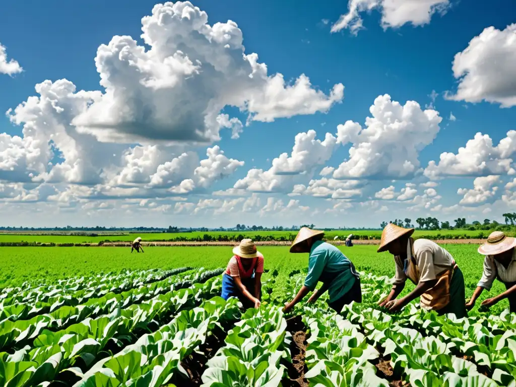 Un campo verde exuberante se extiende hasta el horizonte, con cultivos vibrantes y saludables, bajo un cielo azul brillante con nubes blancas