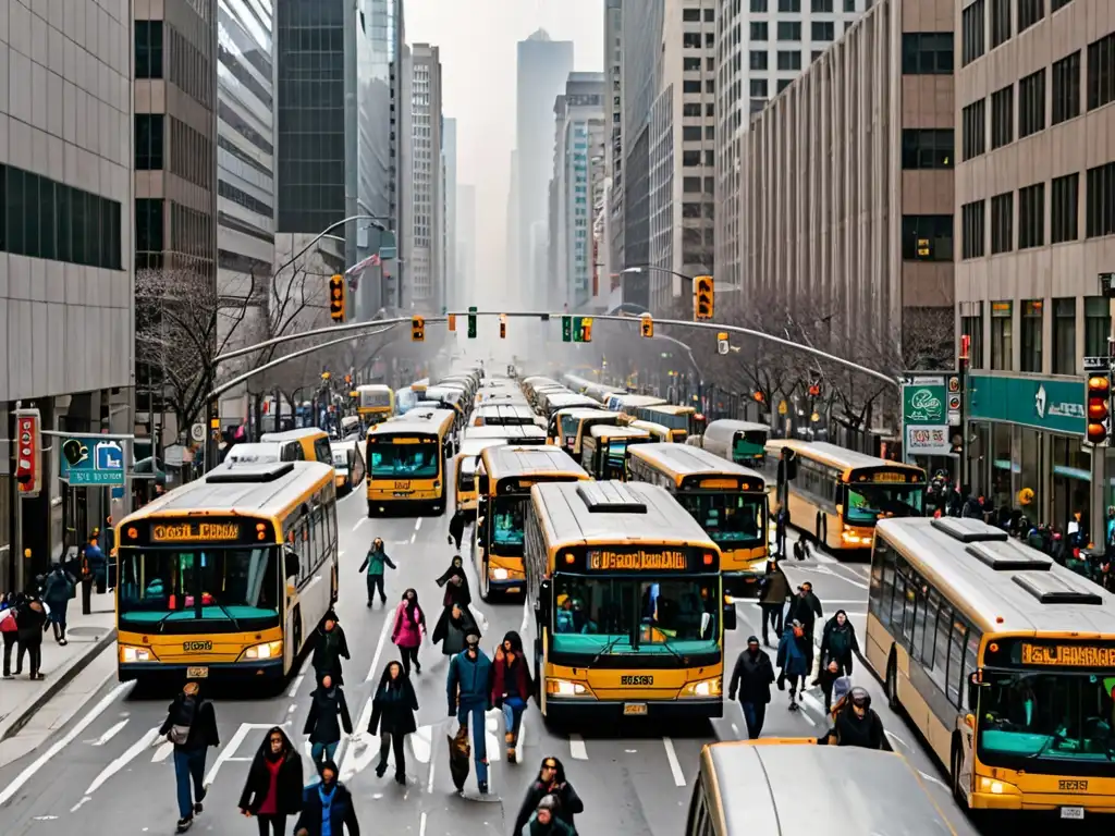 Caótica calle de la ciudad con buses emitiendo humo denso, gente cubriéndose nariz y boca