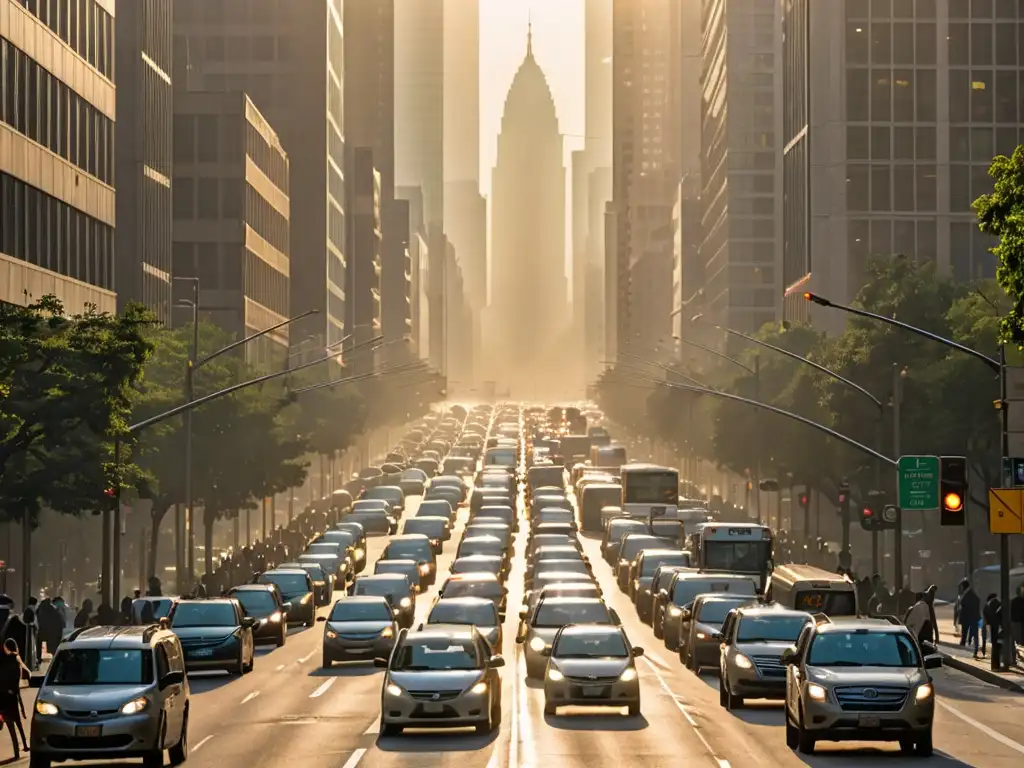 Caótica calle de ciudad con tráfico pesado y smog