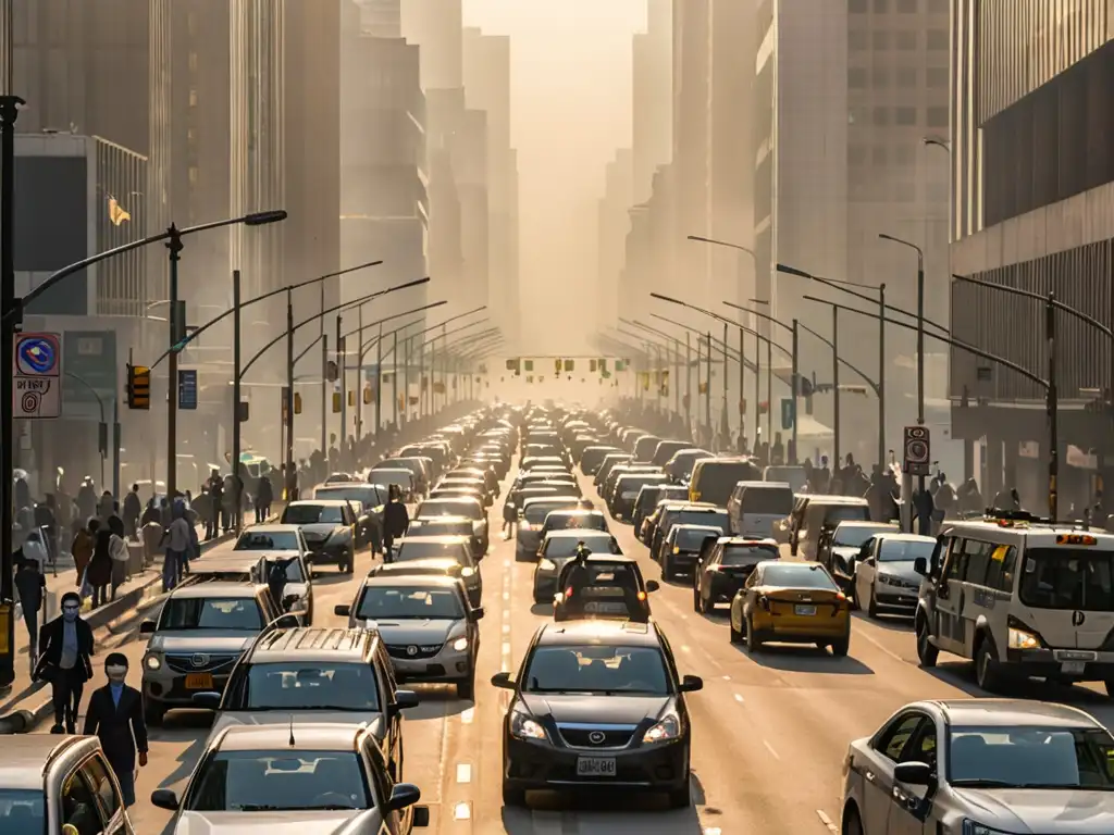 Caótica calle de la ciudad con tráfico, edificios altos y contaminación