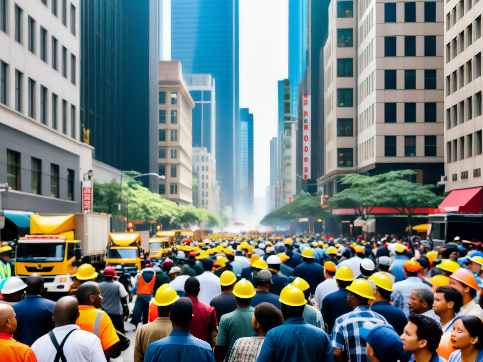 Caótica calle de la ciudad con tráfico, construcción y ruido, resaltando desafíos de la legislación ambiental contra la contaminación sonora