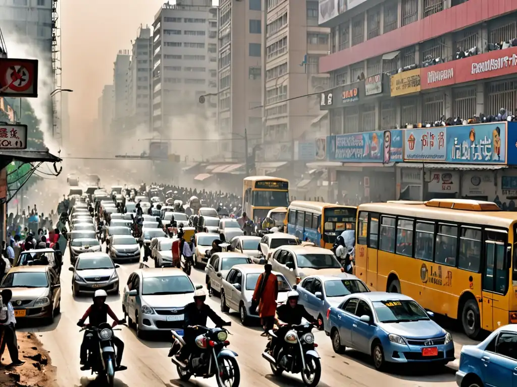 Caótica calle urbana con smog y tráfico Caótica calle en país en desarrollo, con smog y tráfico vehicular