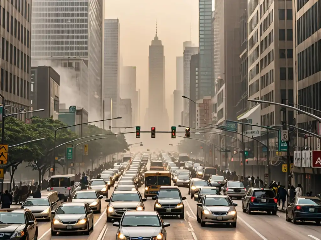 Caótica ciudad con tráfico, smog y gente usando mascarillas