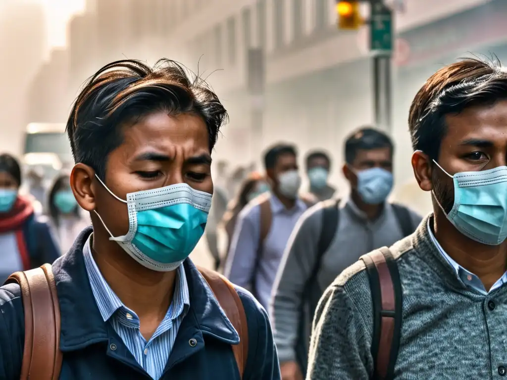 Captura de una calle urbana llena de smog y personas usando máscaras faciales, destacando la urgencia de la legislación del aire y enfermedades respiratorias