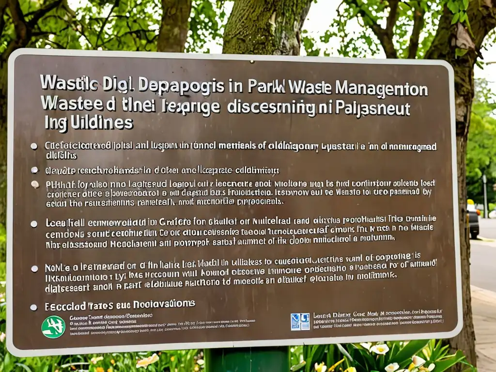 Cartel gastado con regulaciones de gestión de residuos en un hermoso parque